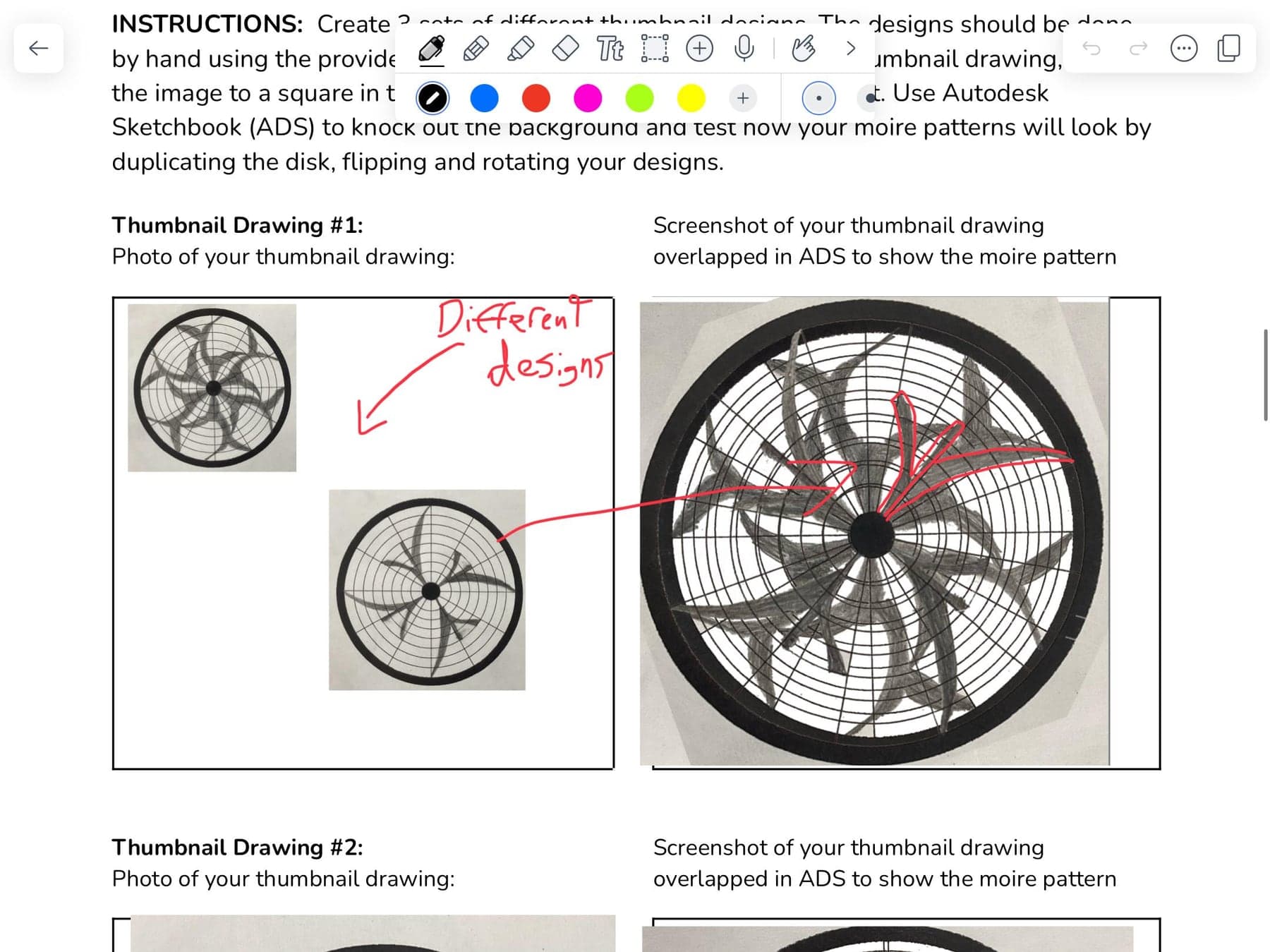 Worksheet comparing thumbnail moiré drawings with their digitally overlapped versions.