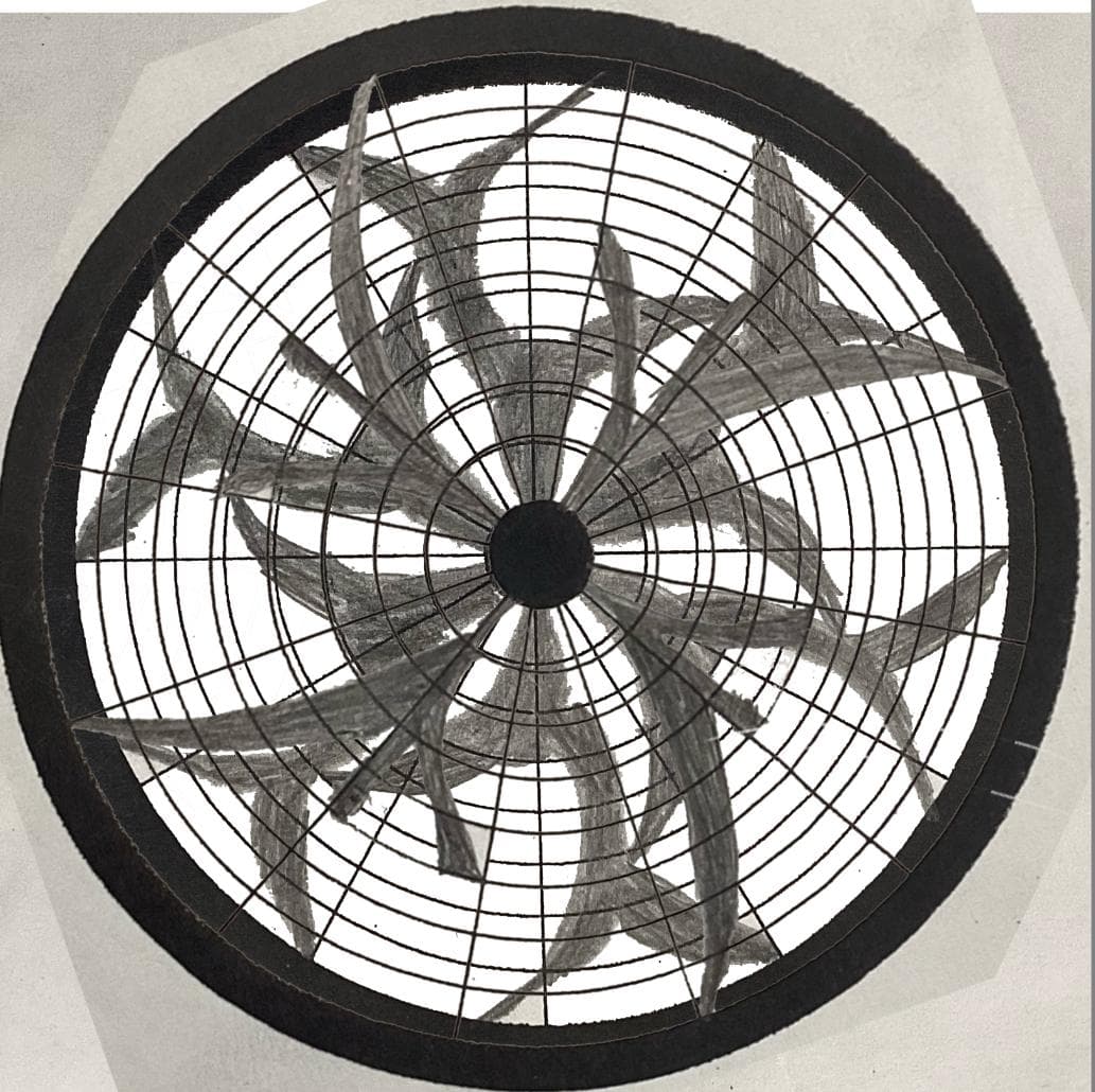 Two hand-drawn radial patterns overlaid, producing a third interference pattern.