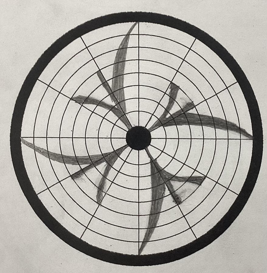 Hand-drawn radial moiré study inside a black ring.