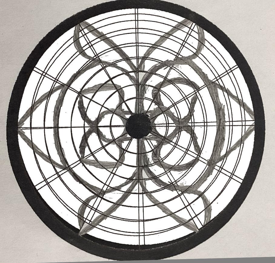 Hand-drawn radial geometry trial with overlapping curved blades.