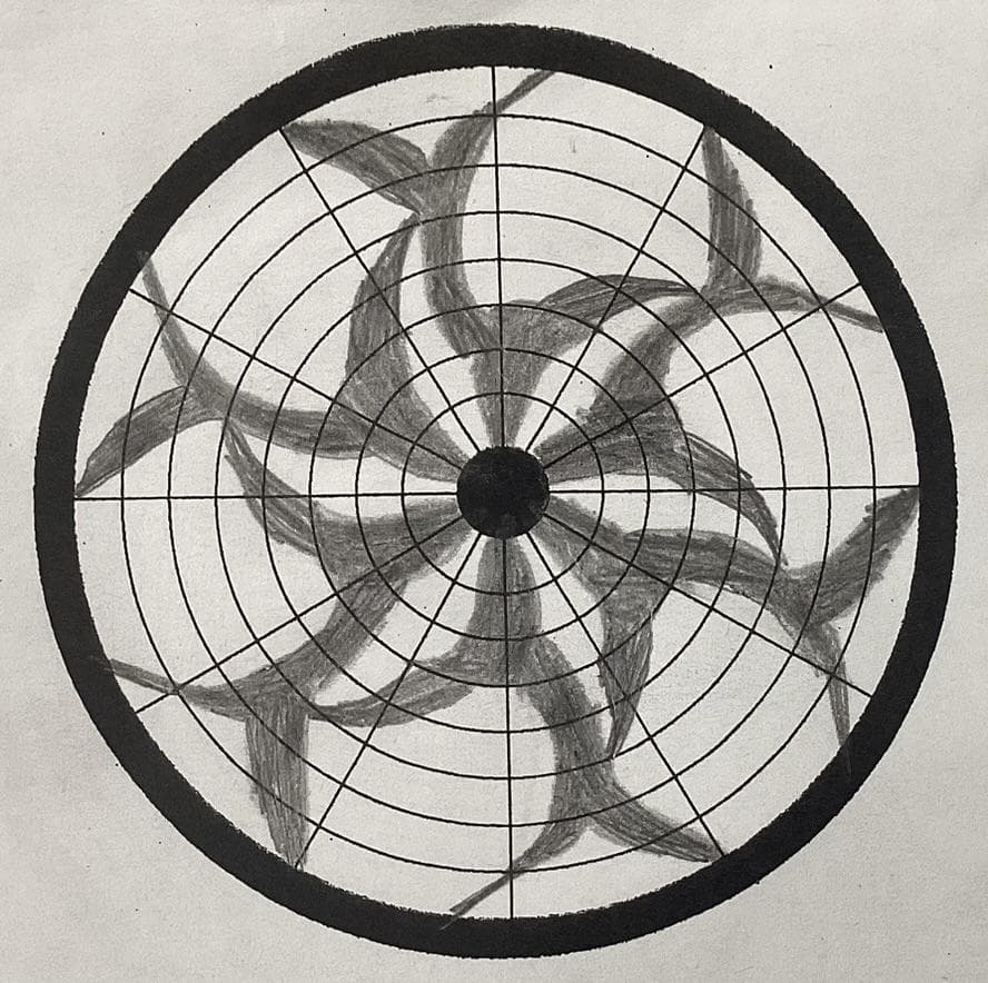Hand-drawn radial study: a polar grid of concentric rings and spokes inside a heavy outer ring, with pencil-shaded petal shapes sweeping around a solid black center hub.
