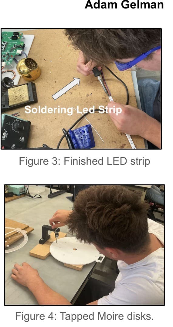 Two stacked project-documentation images. Top: soldering the LED strip at a workbench next to the PCB. Bottom: tapping a white moiré disk with the tap held upright in a jig.