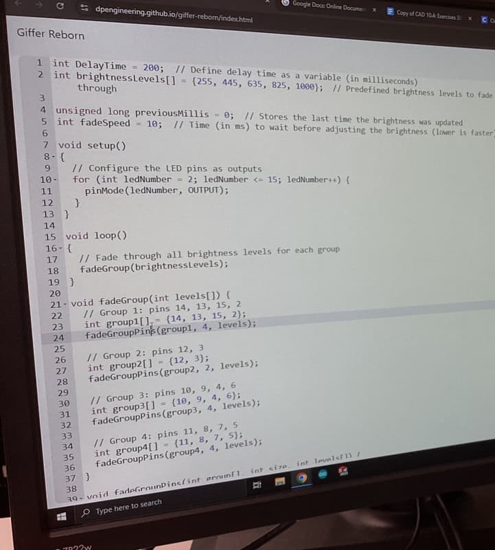 Monitor showing Arduino code that sets LED pins as outputs and fades them in groups.