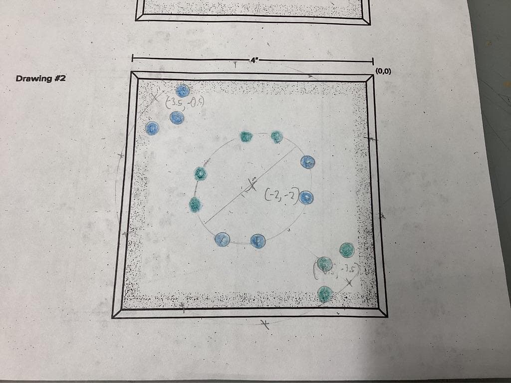 Hand-colored Drawing #2 of the top plate with blue and teal rod positions and coordinates.