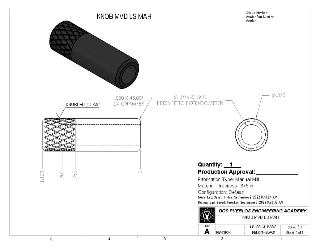 Dimensioned engineering drawing of the knurled knob with its potentiometer bore.