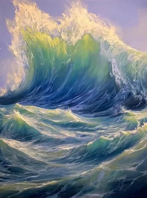 Painting of a towering blue-green ocean wave with cream-white foam cresting against a pale lavender sky.