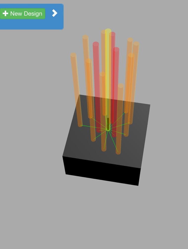 Oblique view of an alternate orange and red rod arrangement in the simulation.
