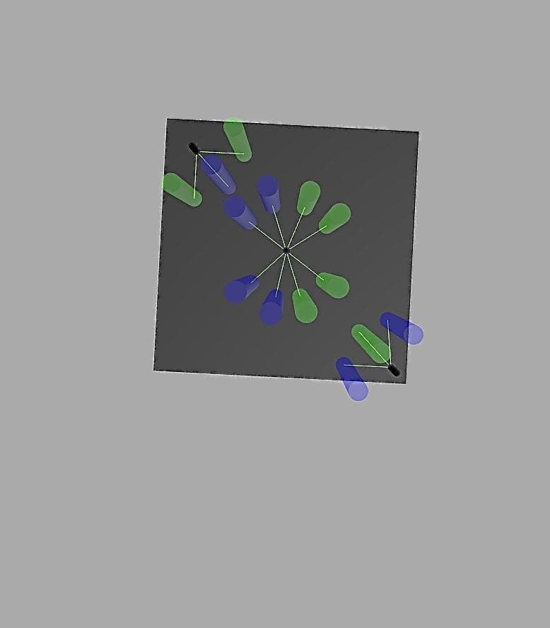 Top view of the rod-field simulation with blue and green rods on a dark plate.