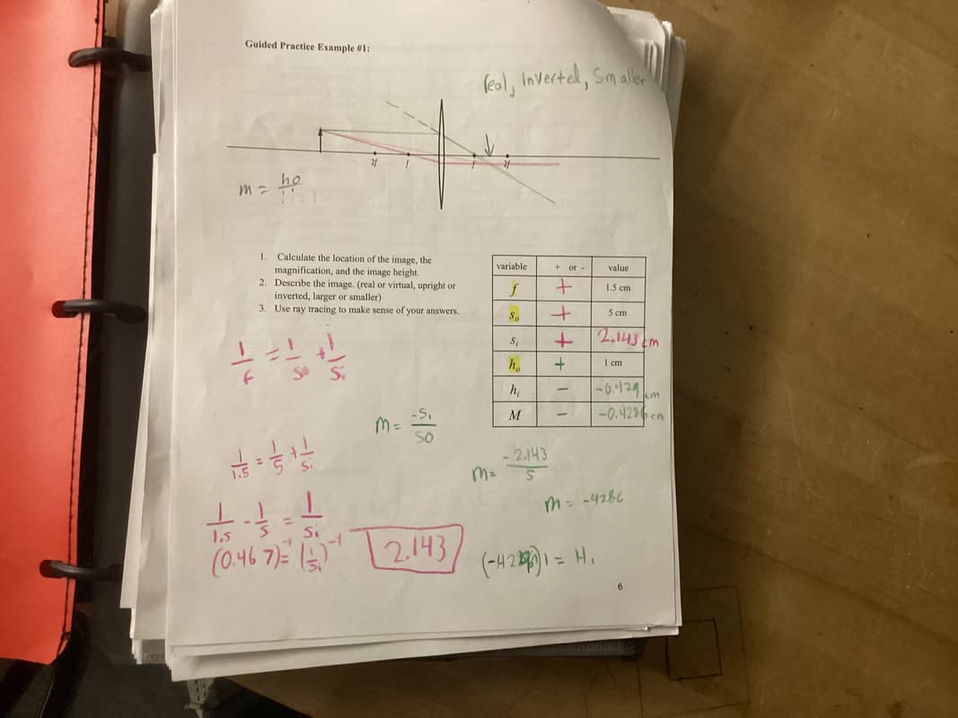 Handwritten worksheet with a ray diagram and the thin-lens equation solved in pink and green ink.