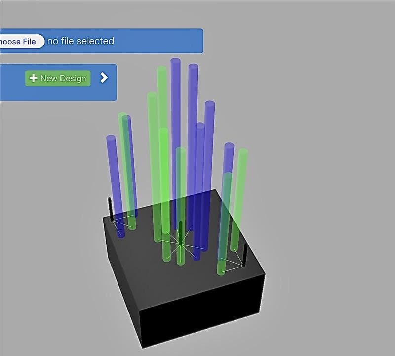 Digital rod-array simulation: translucent blue and green rods of different heights rising from a black rectangular base.