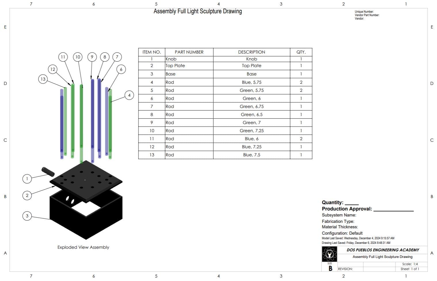 SolidWorks assembly drawing "Assembly Full Light Sculpture Drawing": an exploded view of the knob, top plate, base and rods with a numbered parts list.