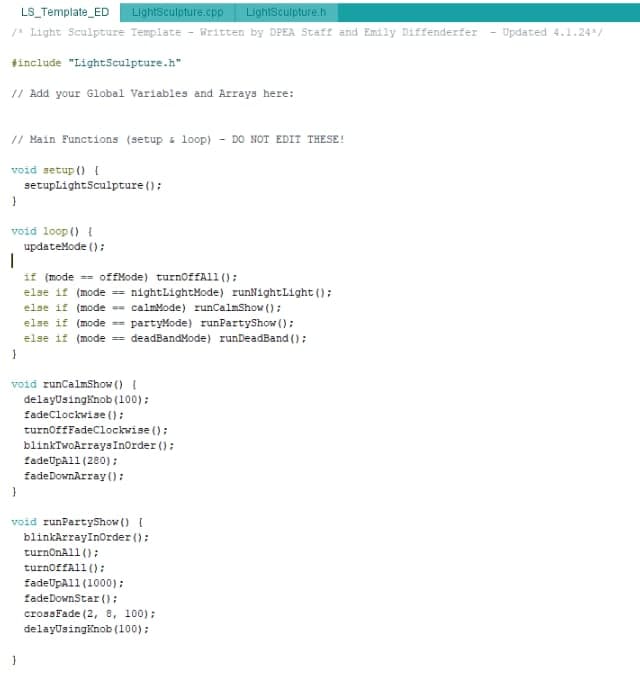 Screenshot of Arduino code with setup and loop functions and calm and party light-show routines.