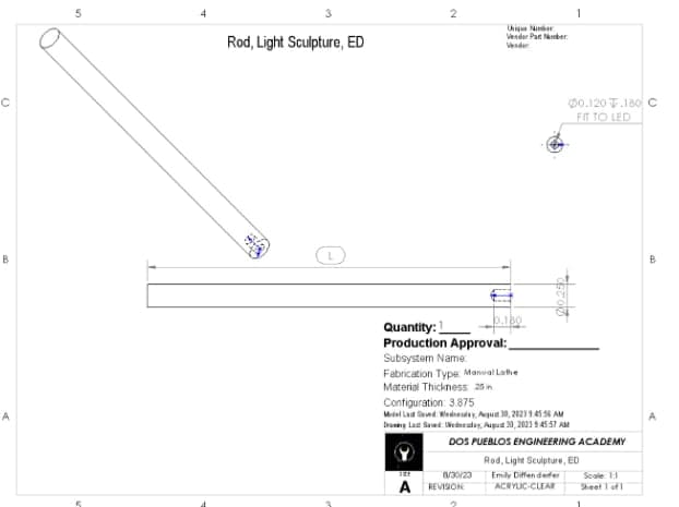 Engineering drawing of a clear acrylic rod with diameter and LED hole dimensions and a title block.