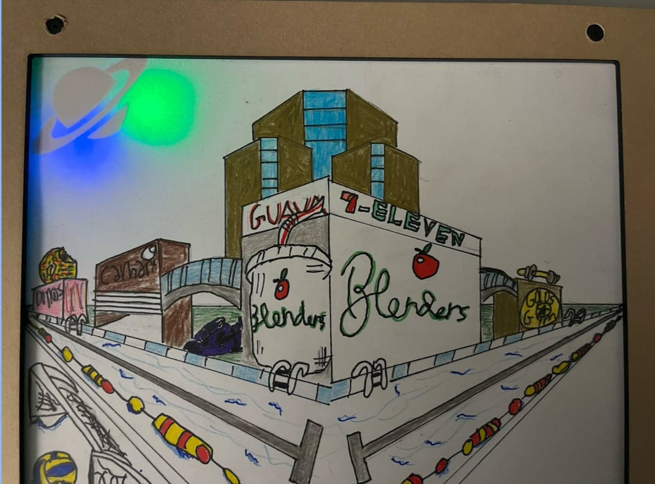 The drawing lit from behind, with blue and green light revealing a hidden ringed planet in the sky.
