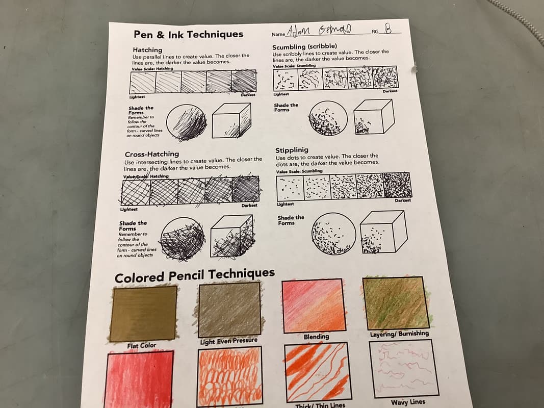 Completed worksheet of pen and ink and colored pencil techniques.