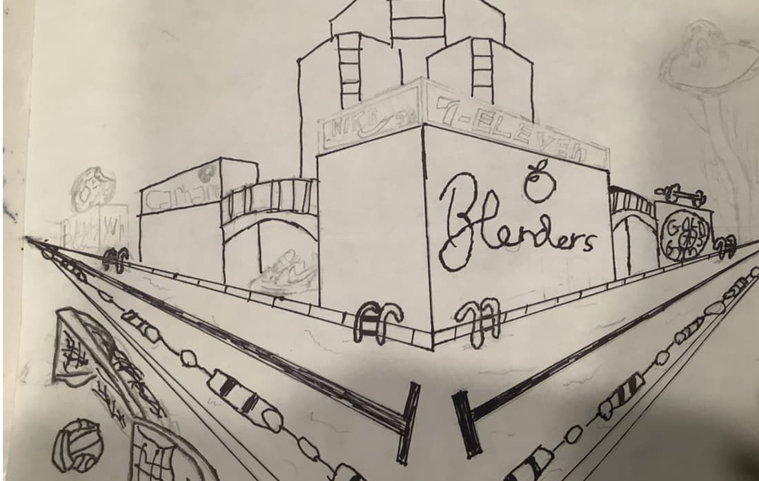 Black pen linework of the two-point perspective city corner, lines running to two vanishing points.
