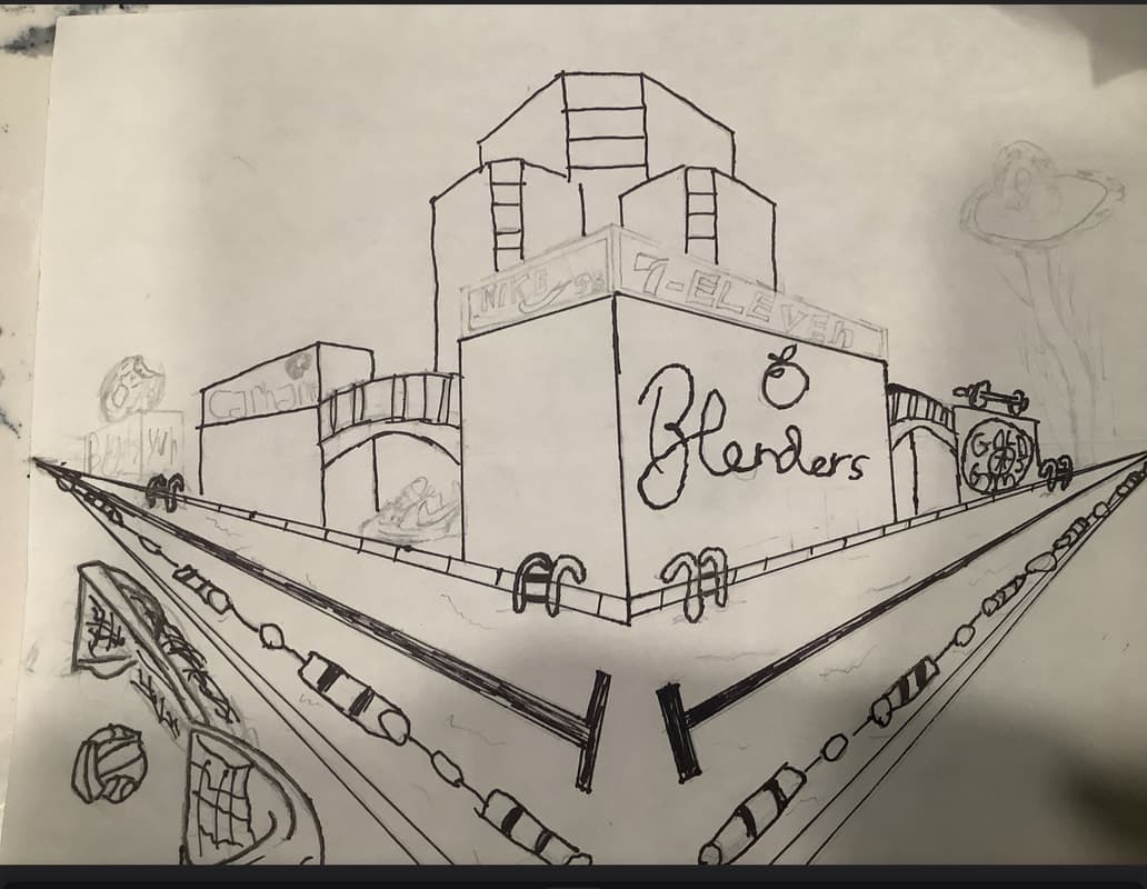 Pencil rough draft of the two-point perspective city corner.