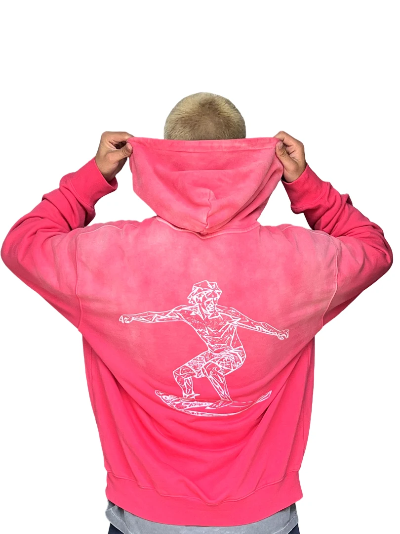 The back print of a washed pink 21 Waves hoodie: a line-drawn surfer.