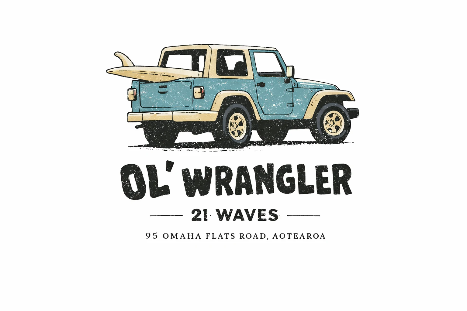 21 Waves artwork: a teal Wrangler Jeep with a surfboard on top.
