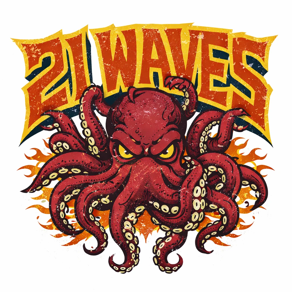 21 Waves artwork: a red octopus gripping distressed 21 WAVES lettering.