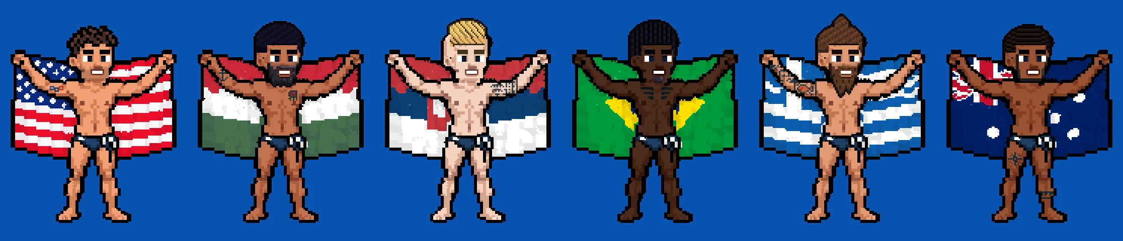 Six custom pixel players holding national flags.